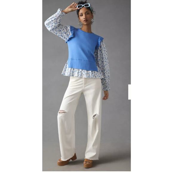 By Anthropologie Flutter Sleeve Layered Sweater Blue Floral Women’s Size 1X Boho - Picture 12 of 14